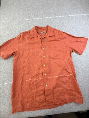 BREAKWATER Mens Linen Button Up Shirt M Orange Short Sleeve Camp Collar